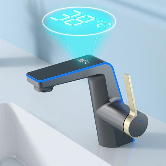 Mitigeur lavabo gris à poignee dorée et led bleue affiche en 3D 38°, laver mains sous mitigeur lavabo