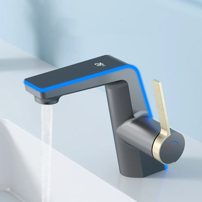 eau coule de Mitigeur lavabo à poignee dorée et led bleue 