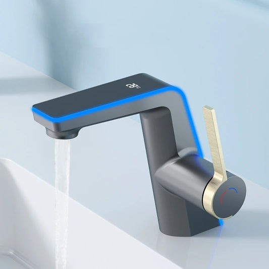 eau coule de Mitigeur lavabo à poignee dorée et led bleue 