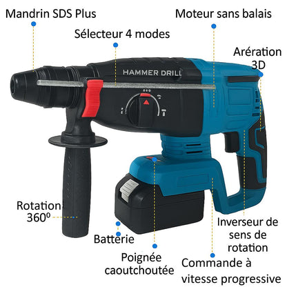 Légende perceuse a percussion noire et bleue avec batterie, marteau perforateur