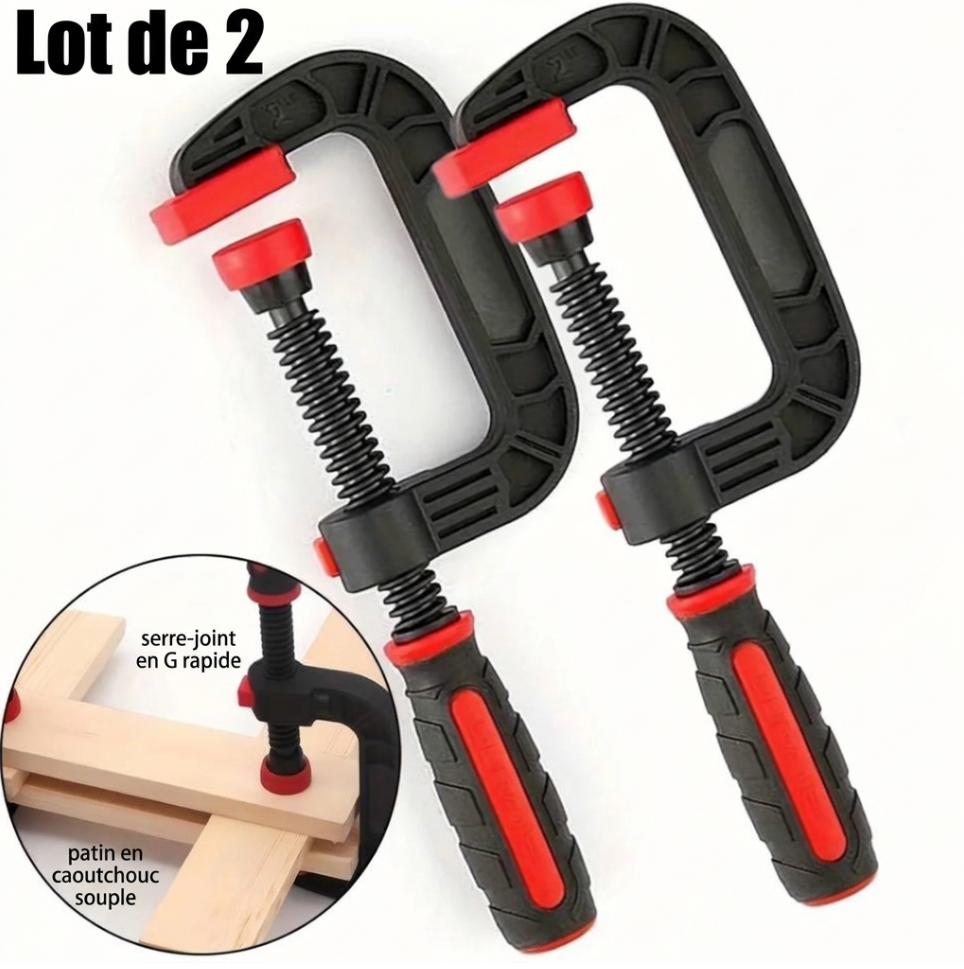 Lot de 2 serre-joints en G à serrage rapide pour menuiserie et collage du bois avec patins de protection en caoutchouc