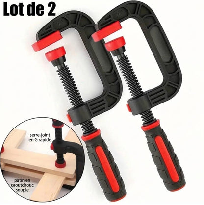 Lot de 2 serre-joints en G à serrage rapide pour menuiserie et collage du bois avec patins de protection en caoutchouc