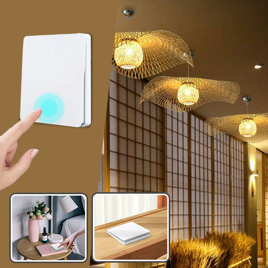 main de femme appui sur  Interrupteur connecté sans fil ,blanc ,trois plafonniers, interrupteur sur la table