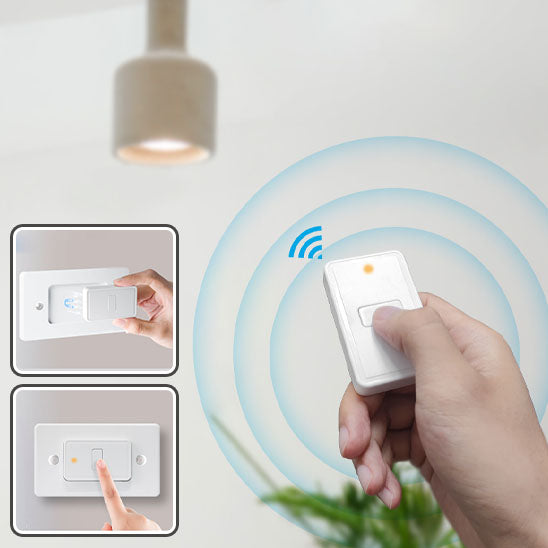 main appuyant sur interrupteur connecte blanc. commande éclairage