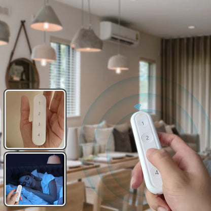 main appuyant sur interrupteur connecte blanc dans la cuisine, commande éclairage, femme au lit