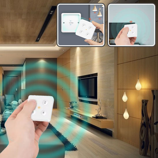 main appuyant sur interrupteur connecte blanc. commande éclairage  dans le salon