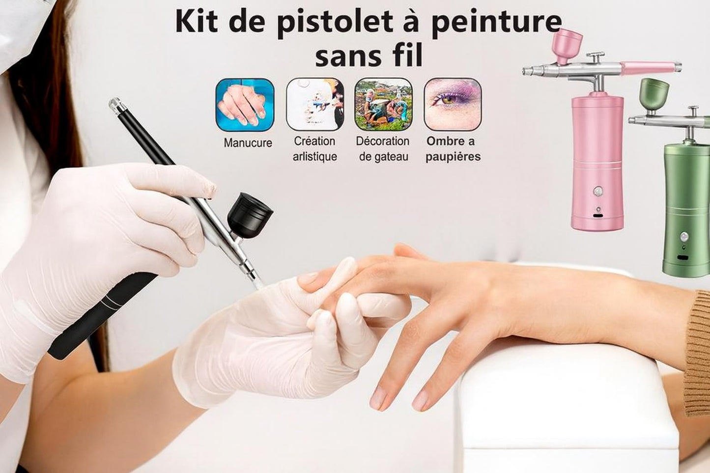 main  avec gant blanc tient Pistolet peinture noir peint ongles main cliente , deux pistolets peinture rose, vert