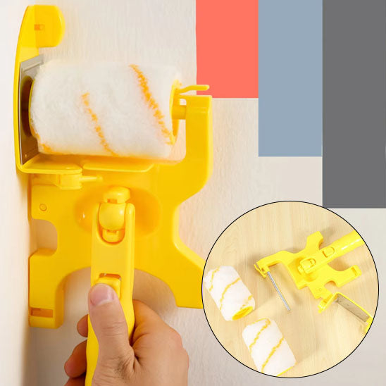 main peint mur  blanc en orange ,vert, gris noir avec Rouleau peinture jaune