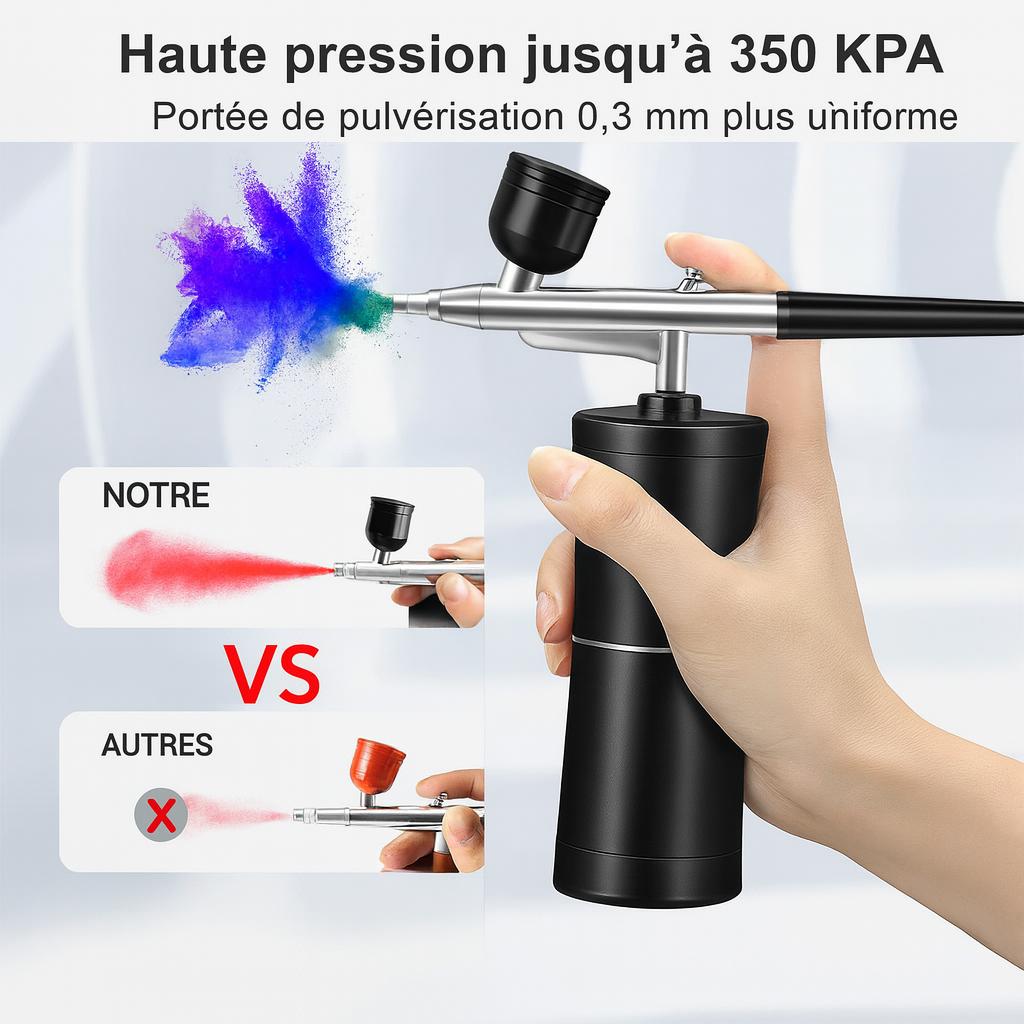 main peint avec Pistolet peinture noir , jet peinture violet-bleue