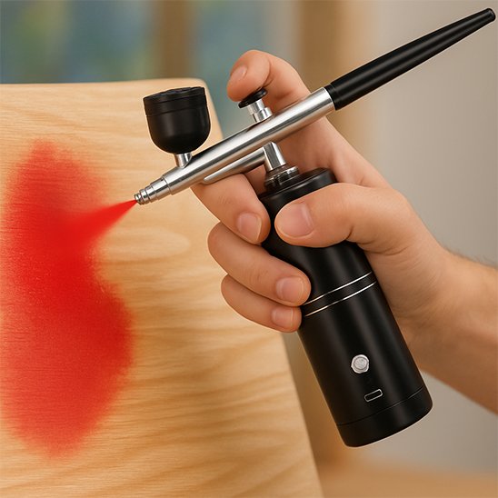 main peint avec Pistolet peinture noir , planche bois en rouge