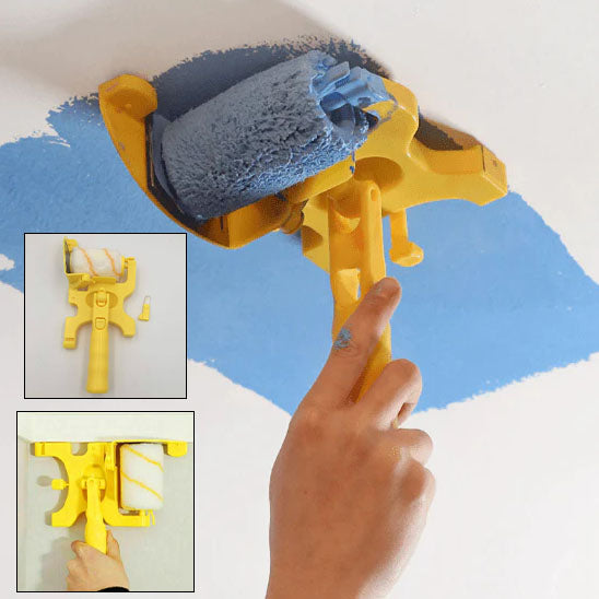 main-peint-plafond-blanc-en-bleu-avec-Rouleau-peinture-jaune