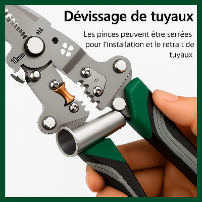 main serre tuyau avec pince a denuder pliable poignee ergonomique verte,