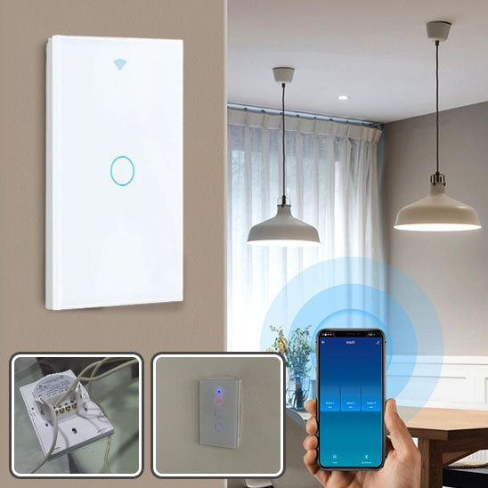 main tenant smartphone bleu pour commander lumiere avec interrupteur blanc dans salon
