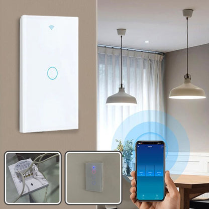 main tenant smartphone bleu pour commander lumiere avec interrupteur blanc dans salon