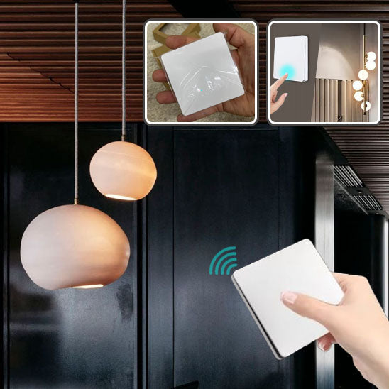 main tiens Interrupteur connecté sans fil ,blanc ,deux plafonniers pendants brillent