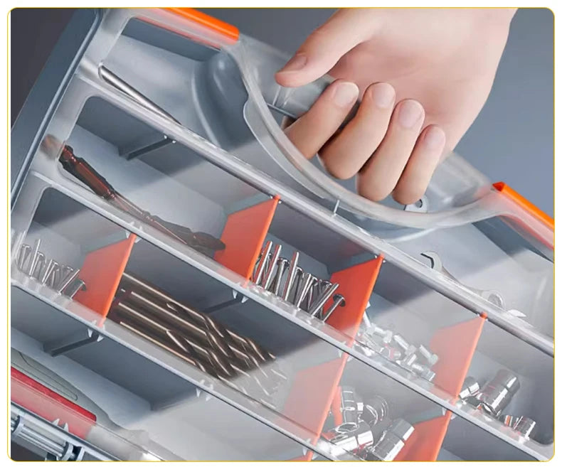 main tient une Malette a outils cloisons amovibles couvercle transparent  clous  forets