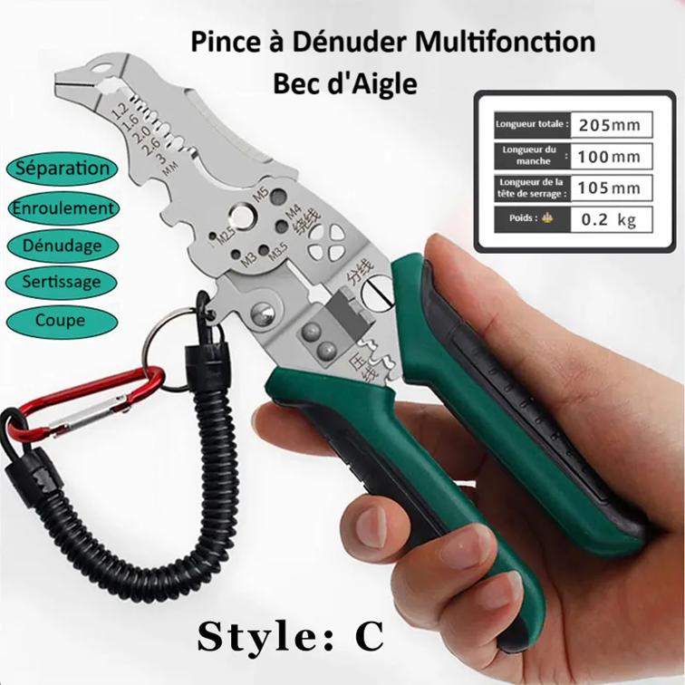 main tient Pince a Denuder bec aigle poignee verte harnais securite cablage electrique denudage enroulement sertissage coupe