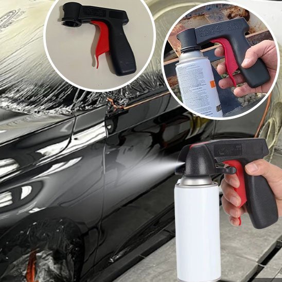 main tient Pistolet peinture noir, gachette rouge, jet peinture blanc , voiture noire