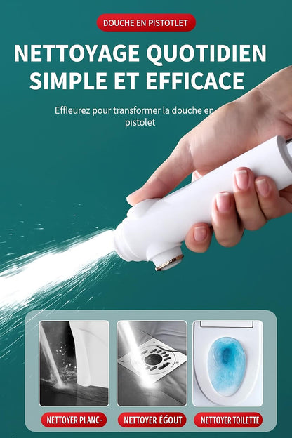 main tient Pommeau de douche blanc à trois modes ,pluie, mixte et nettoyage , simple , efficace pour -plan , égout et toilette