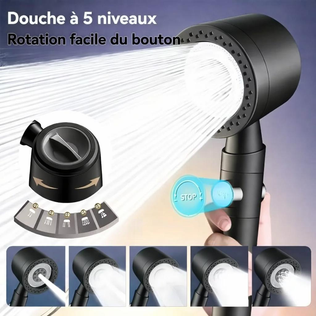 main tient Pommeau de douche filtrant gris ,cinq modes de douche , jet eau mixte