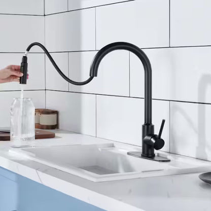 Main tient Robinet cuisine noir extractible rempli bouteille