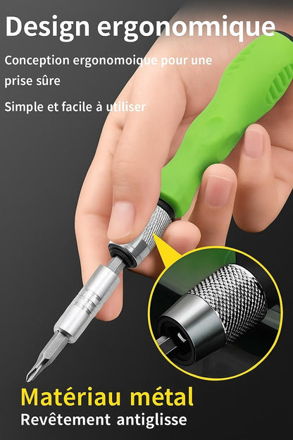 main tient Tournevis de precision poignee verte avec rallonge et embout interchangeable , designe ergonomique