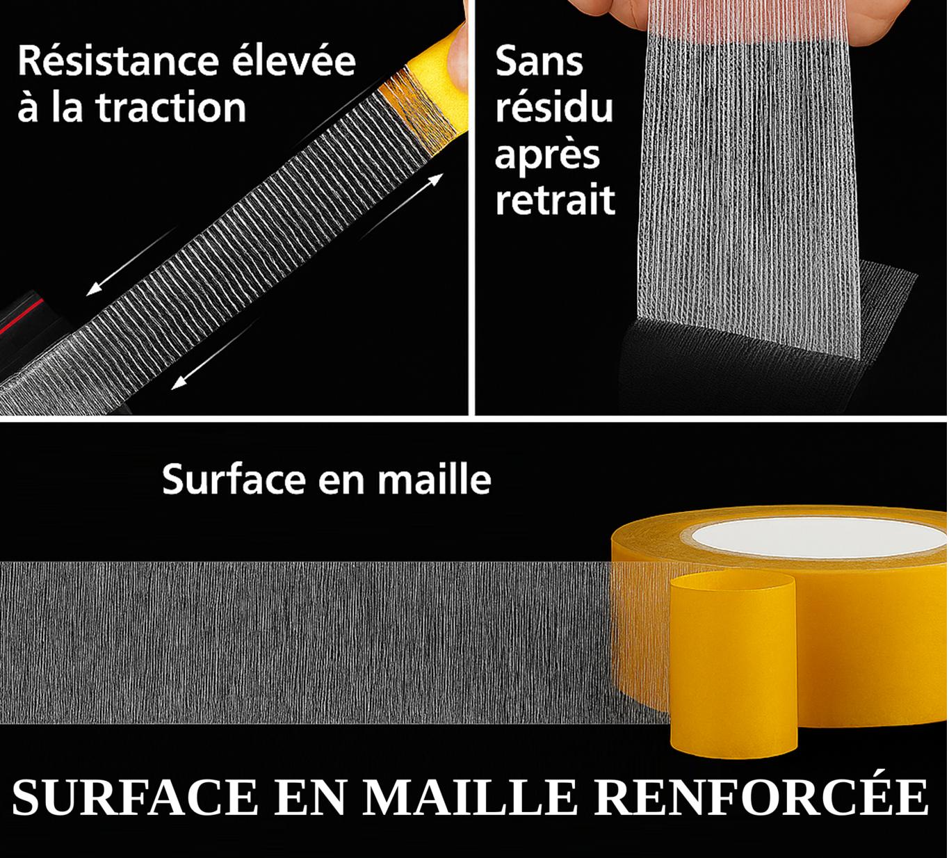 main tire Ruban adhesif transparent double faces jaune mailles renforcees resistance elevee
