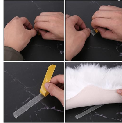 mains utilise Ruban adhésif transparent double faces jaune,  coller fourrure blanche sur mur
