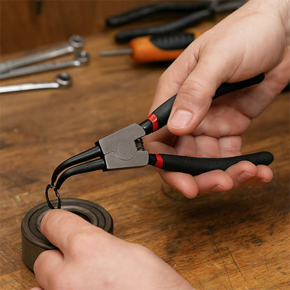 mains tenant Pince noire pour enlever Circlips roulement  avec Pince professionnelle sur table en bois