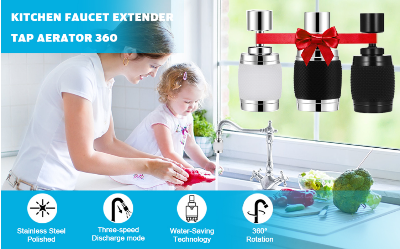 maman et fille lavent robinet cuisine avec embout , trois embouts blanc, noir et noir argente tenus par ruban rouge