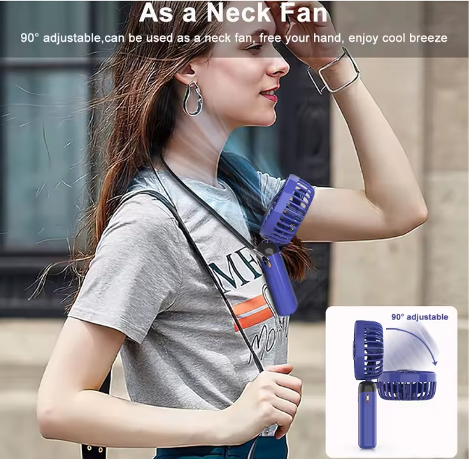 mini ventilateur portable et pliable de couleur  bleue suspendu au cou d'une femme