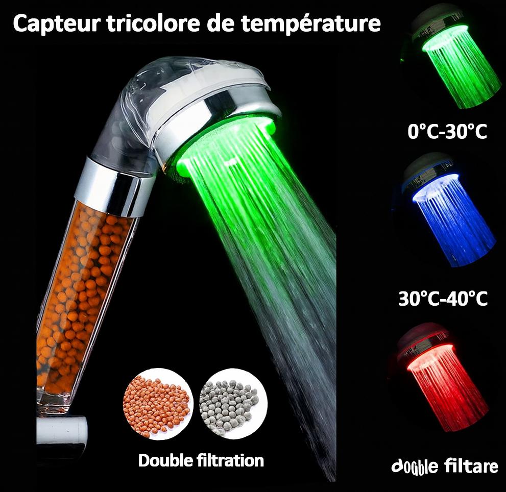 quatre pommeau de douche led , granulee orange gris capteur sept couleurs temperature, double filtration
