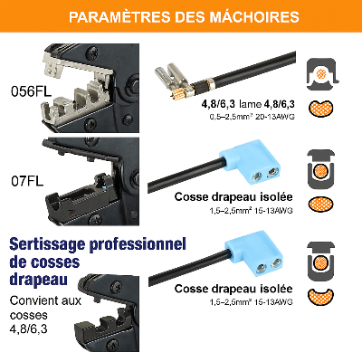 parametres des machoires de Pince a sertir à cosses drapeau de 4,8 et 6,3