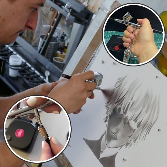 peinture aristique avec Pistolet peinture , jet peinture noir , tableau dessin garcon en noir sur feuille blanche