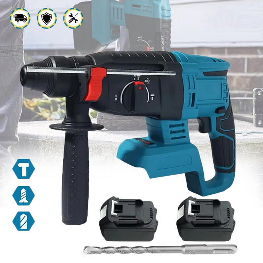 Perceuse a percussion noire et bleue, deux batteries, foret, marteau perforateur