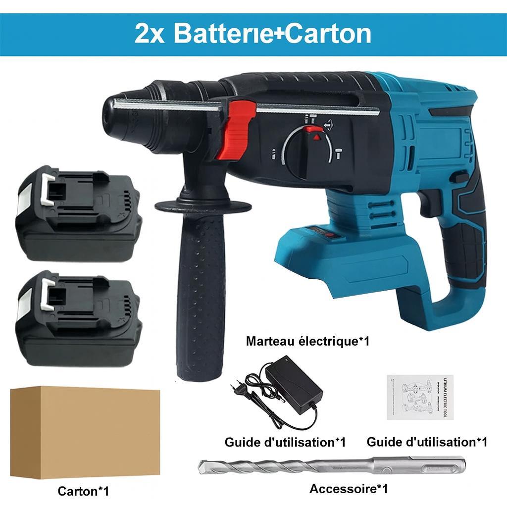 Perceuse a percussion noire et bleue deux batteries, foret, chargeur, guide utilisation, marteau perforateur