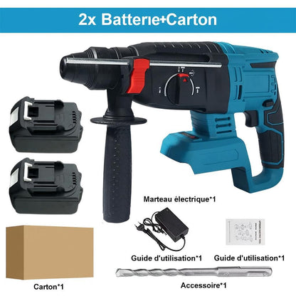 Perceuse a percussion noire et bleue deux batteries, foret, chargeur, guide utilisation, marteau perforateur