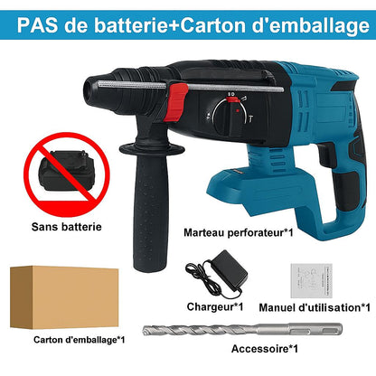 Perceuse a percussion noire et bleue sans batterie, foret, chargeur, guide utilisation, marteau perforateur