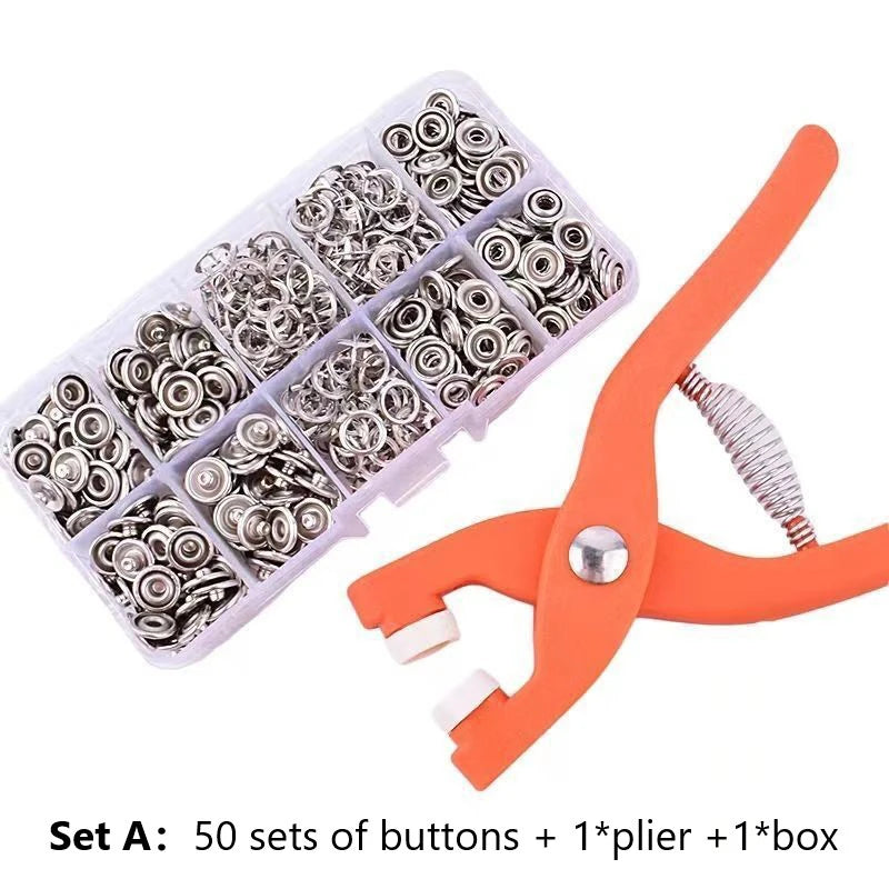 pince à bouton pression à poignée orange  et lot de 50 boutons