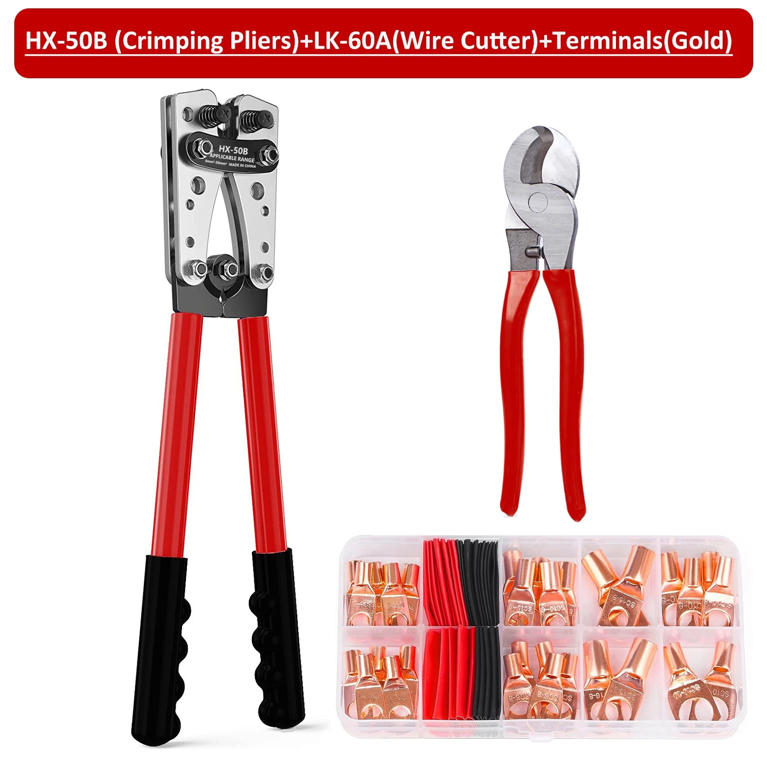 Kit d'outils de sertissage robuste pour câbles de batterie, incluant pince mécanique, coupe-câble et assortiment de cosses en cuivre .