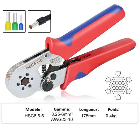 pince a sertir electrique poignee rouge bleue  cosses circulaires rouges jaunes bleus 66