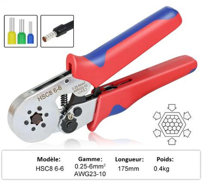 pince a sertir electrique poignee rouge bleue  cosses circulaires rouges jaunes bleus 66