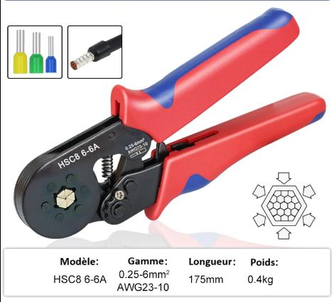 pince a sertir electrique poignee rouge bleue  cosses circulaires rouges jaunes bleus 6A