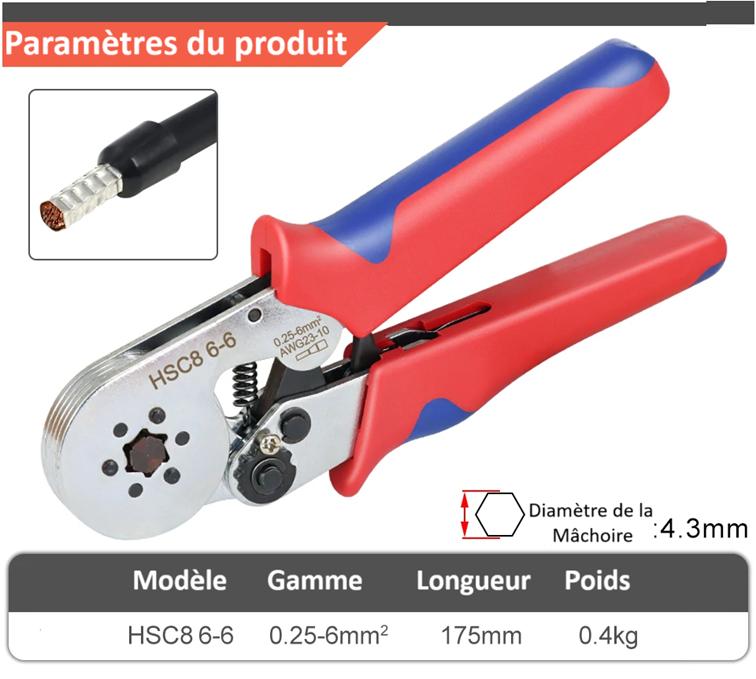 pince a sertir electrique poignee rouge bleue serissage circulair