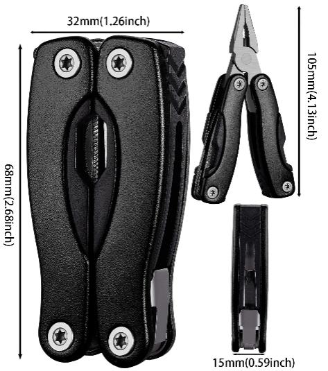 inusable Pince multifonction 13 en 1 noire en acier inoxydable, pliable et compacte pour bricolage et camping, cadeau parfait