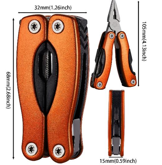 inusable Pince multifonction 13 en 1 orange en acier inoxydable, pliable et compacte pour bricolage et camping, cadeau parfait