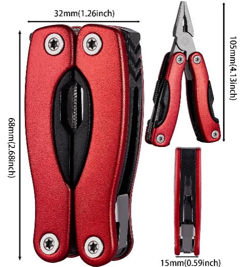 inusable Pince multifonction 13 en 1 rouge en acier inoxydable, pliable et compacte pour bricolage et camping, cadeau parfait