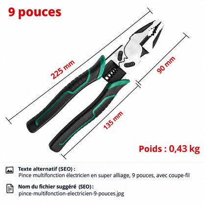 Pince multifonction électricien en super alliage, 9 pouces, avec coupe-fil