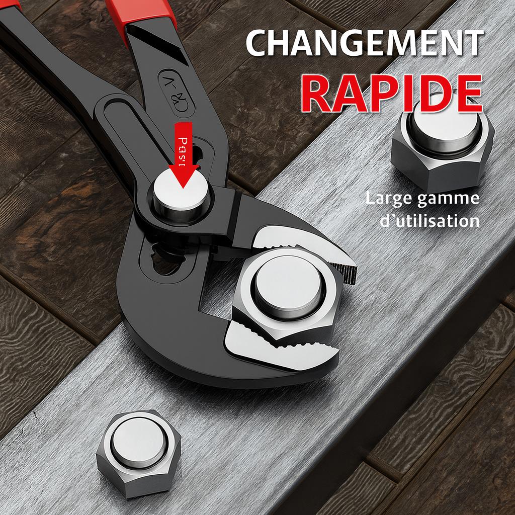 Pince multiprise à changement rapide serrant des écrous sur métal, outil robuste pour usages variés en bricolage et plomberie