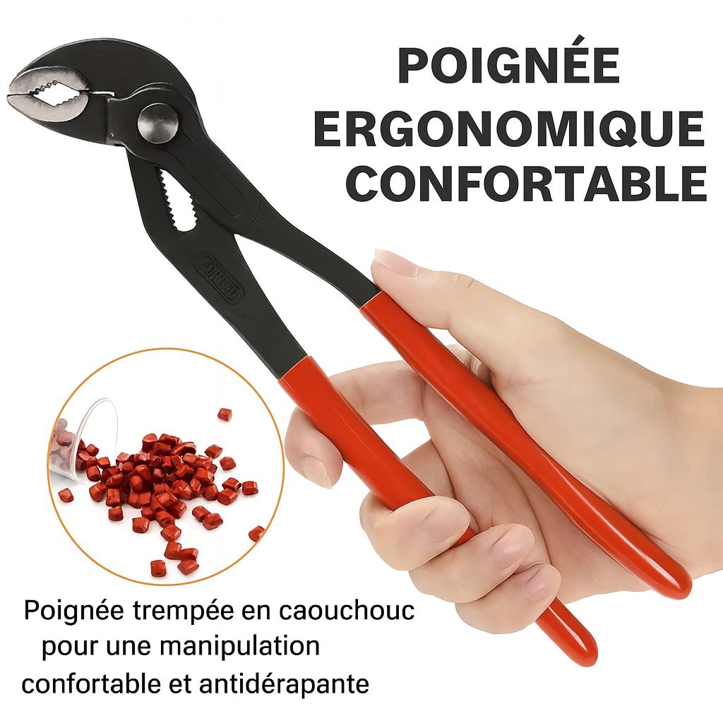 Pince multiprise avec poignée ergonomique en caoutchouc rouge, confortable et antidérapante pour travaux de plomberie